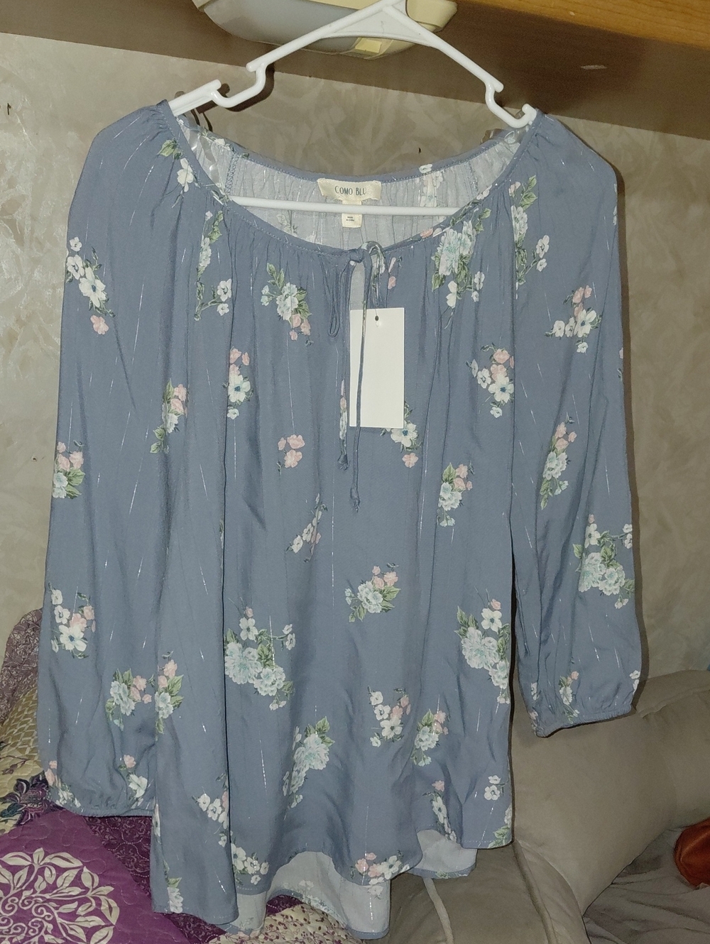 Como Blu Dusty Blue Floral Peasant Tunic